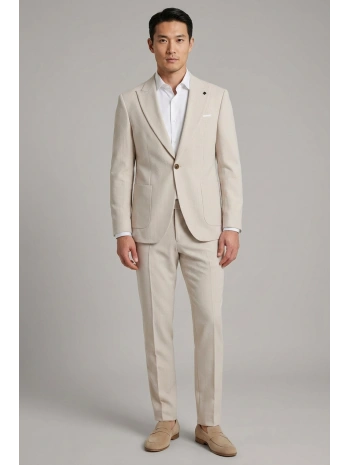 Erkek Dar Kesim Gofre Kumaş Çizgili Takım Elbise -Taş
