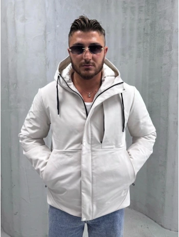 Erkek Dar Kesim Kapüşonlu İçi Kapitoneli Mont-Krem