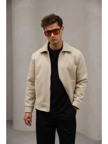Erkek Dar Kesim Kaşe Mont -Krem