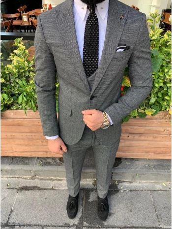 Erkek Dar Kesim Kendinden Desenli Yelekli Takım Elbise - Füme