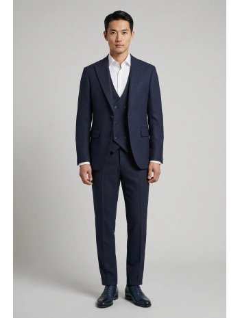 Erkek Dar Kesim Kendinden Desenli Yelekli Takım Elbise -Lacivert
