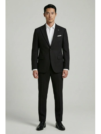 Erkek Dar Kesim Kendinden Desenli Yelekli Takım Elbise -Siyah