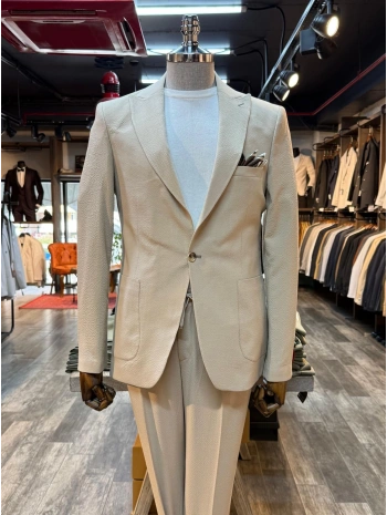 Erkek Dar Kesim Krınkıl Kumaş Spor Takım Elbise - Krem