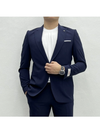 Erkek Dar Kesim Krınkıl Kumaş Spor Takım Elbise - Lacivert