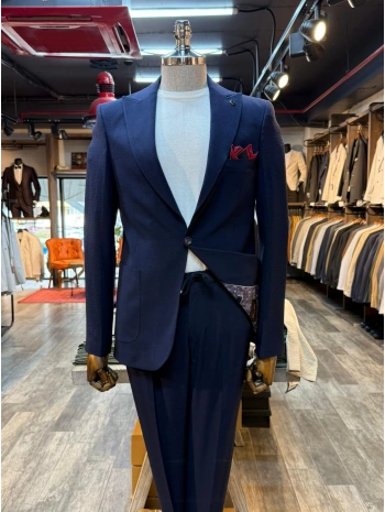 Erkek Dar Kesim Krınkıl Kumaş Spor Takım Elbise -Lacivert