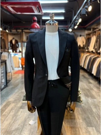 Erkek Dar Kesim Krınkıl Kumaş Spor Takım Elbise - Siyah