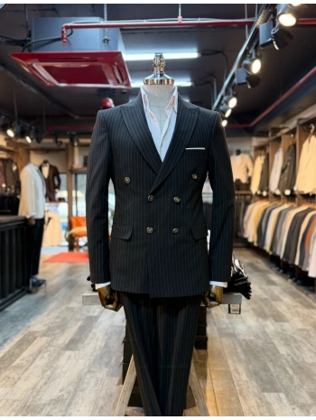 Erkek Dar Kesim Kruvaze Çizgili Takım Elbise - Siyah