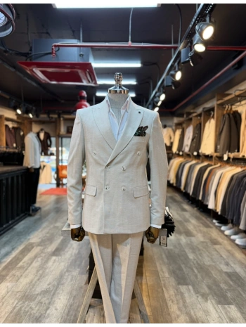 Erkek Dar Kesim Kruvaze Keten Takım Elbise - Krem