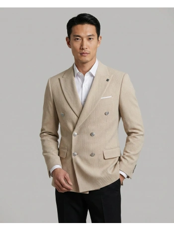 Erkek Dar Kesim Kruvaze Tek Ceket -Krem