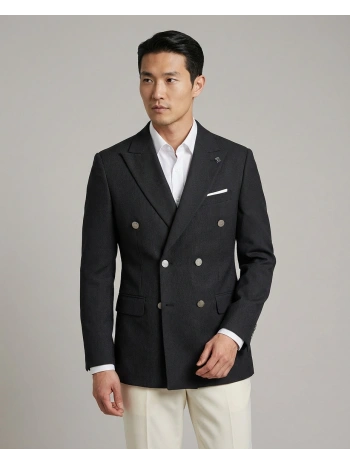Erkek Dar Kesim Kruvaze Tek Ceket -Siyah