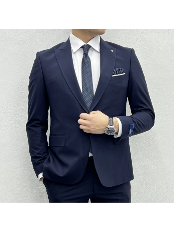 Erkek Dar Kesim Likrakı Yelekli Takım Elbise-Lacivert