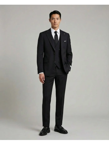 Erkek Dar Kesim Likrakı Yelekli Takım Elbise-Siyah