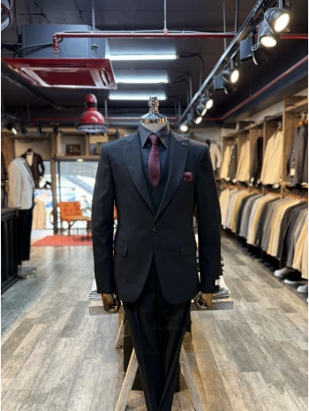 Erkek Dar Kesim Likrakı Yelekli Takım Elbise-Siyah