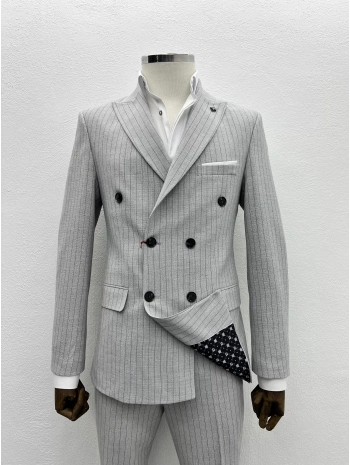 Erkek Dar Kesim Likralı Çizgili Kruvaze Takım Elbise-Gri