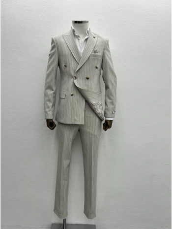 Erkek Dar Kesim Likralı Çizgili Kruvaze Takım Elbise-Krem