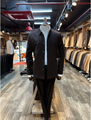 Erkek Dar Kesim Likralı Spor Takım Elbise-Kahverengi