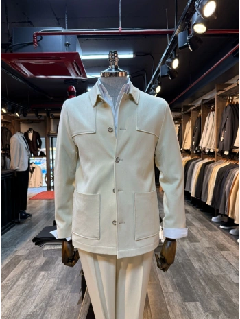 Erkek Dar Kesim Likralı Spor Takım Elbise-Krem