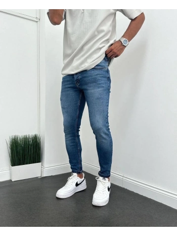 Erkek Dar Kesim Likralı Yırtık Taşlamalı Kot Pantolon -Mavi