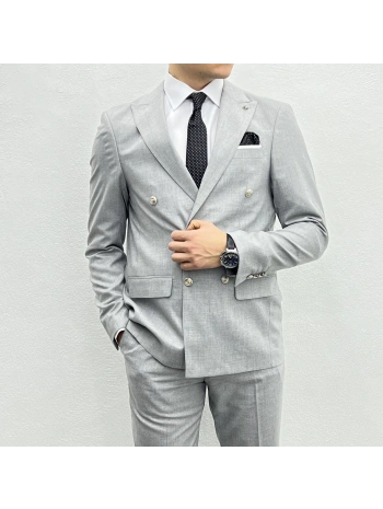 Erkek Dar Kesim Metal Düğme Kruvaze Takım Elbise-Gri
