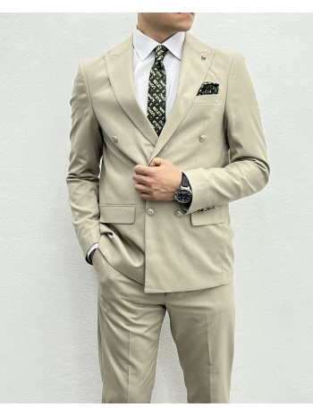 Erkek Dar Kesim Metal Düğme Kruvaze Takım Elbise-Krem