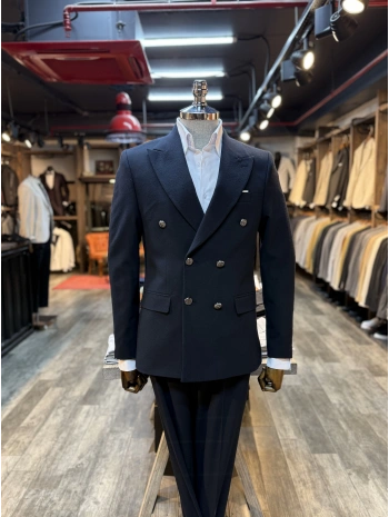 Erkek Dar Kesim Metal Düğme Kruvaze Takım Elbise-Lacivert