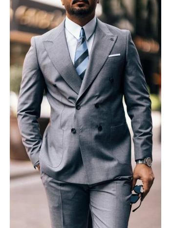Erkek Dar Kesim Pantolonu Pileli Slimfit KruvazeTakım Elbise-Gri