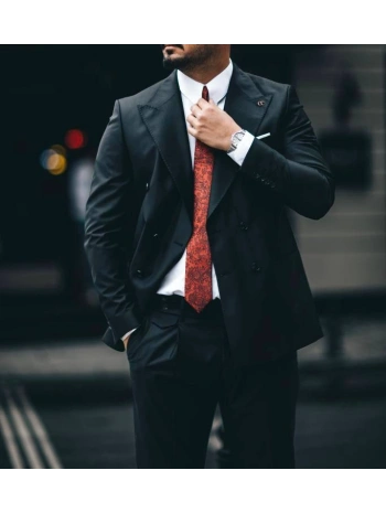 Erkek Dar Kesim Pantolonu Pileli Slimfit KruvazeTakım Elbise-Siyah