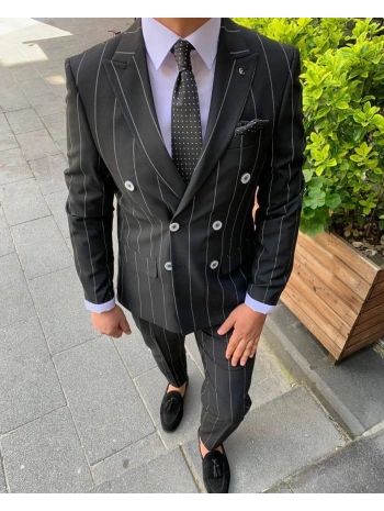 Erkek Dar Kesim Silimfit Kruvaze Çizgili Takım Elbise-Siyah
