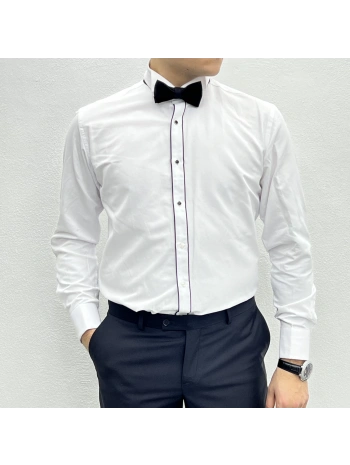 Erkek Dar Kesim Slimfit Ata Yaka Kol Düğmeli Gömlek-Beyaz