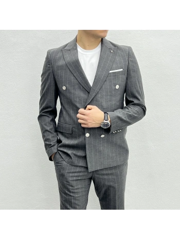 Erkek Dar Kesim Slimfit Çizgili Takım Elbise- Gri