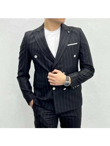 Erkek Dar Kesim Slimfit Çizgili Takım Elbise- Siyah