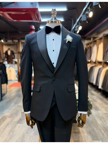 Erkek Dar Kesim Slimfit Kırlangıç Yaka Damatlık Takım Elbise-Siyah