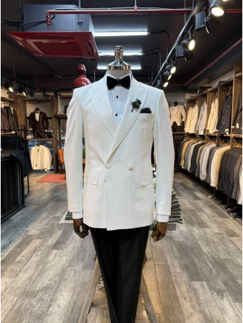 Erkek Dar Kesim Slimfit Kruvaze Damatlık Takım Elbise-Beyaz-Beyaz