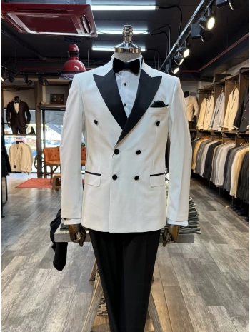 Erkek Dar Kesim Slimfit Kruvaze Damatlık Takım Elbise-Beyaz-Siyah