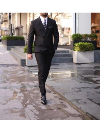 Erkek Dar Kesim Slimfit Kruvaze Tek Dügme Takım Elbise - Siyah