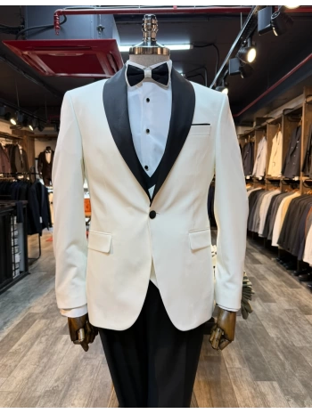 Erkek Dar Kesim Slimfit Şal Yaka Damatlık Takım Elbise-Beyaz