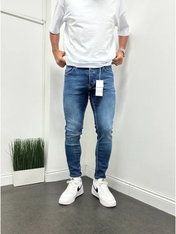 Erkek Dar Kesim Slimfit Taşlamalı Kot Pantolon- Koyu Mavi