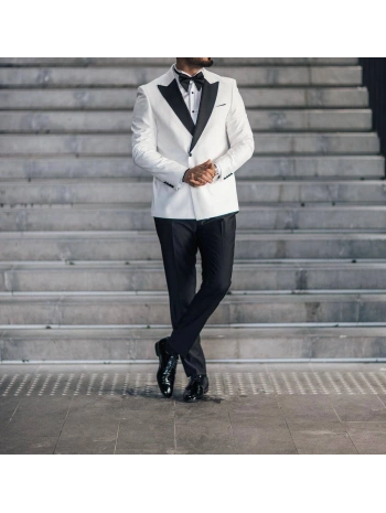 Erkek Dar Kesim Slimfit Yelekli Kırlangıç Yaka DamatlıkTakım Elbise-Beyaz