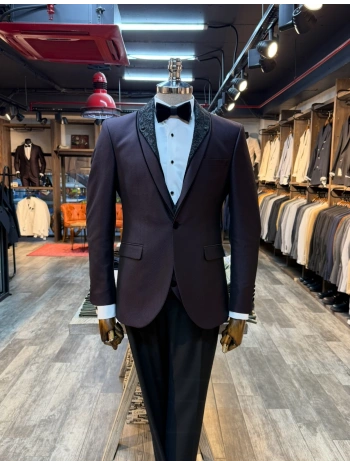 Erkek Dar Kesim Slimfit Yelekli Yakası Çıkabilen Damatlık Takım Elbise-Bordo