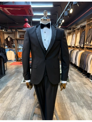 Erkek Dar Kesim Slimfit Yelekli Yakası Çıkabilen Damatlık Takım Elbise-Siyah