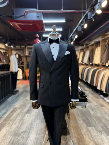 Erkek Dar Kesim Slimft Kruvaze Yaka Damatlık Takım Elbise-Siyah