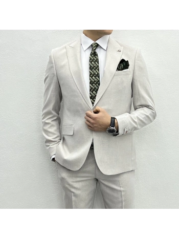 Erkek Dar Kesim Spor Takım Elbise-Krem