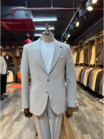 Erkek Dar Kesim Torba Cep Çift Dügme Takım Elbise-Gri