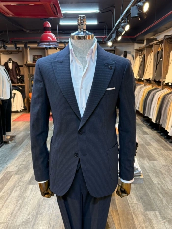 Erkek Dar Kesim Torba Cep Çift Dügme Takım Elbise-Lacivert