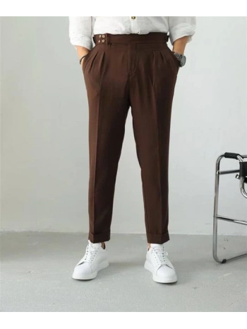 Erkek Dar Kesim Yüksek Bel Pileli Duble Paça Keten Pantolon-Kahve
