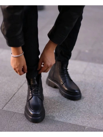 Erkek Eva Taban Deri Bağcıklı Bot - Siyah