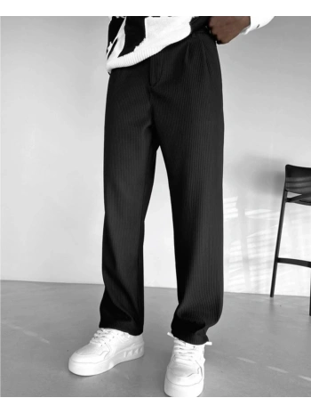 Erkek Fitilli Beli Lastikli Likralı Pileli Bagy Pantolon- Siyah