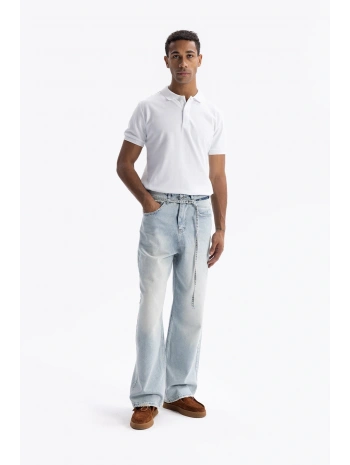 Erkek Geniş Kalıp Baggy Kemerli Kot Pantolon - Mavi