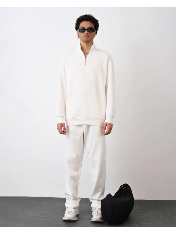 Erkek İçi Şardonlu Yakası Fermuarlı Oversize Sweatshrt -Beyaz