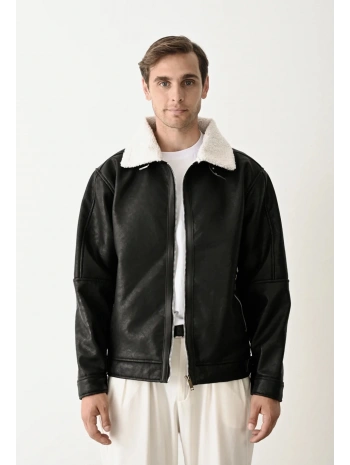 Erkek İçi Siyahi Kürklü Fermuarlı Nubuk Mont-Siyah